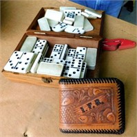 Dominoes in Wooden Box/Brown Wallet with Initials