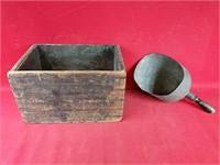 Vintage Wooden Crate and Large Metal Feed Scoop