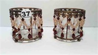 PAIR OF BEADED CANDLEHOLDERS WITH GLASS INSERTS