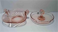 2 DEPRESSION GLASS DISHES - ONE WITH HANDLE