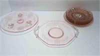 4 DEPRESSION GLASS DESSERT PLATES + ETCHED