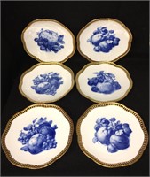 Set Of 6 Schumann Blue Fruit Plates With Gilt Rim