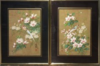 Pair Of Signed Oriental Flower & Bird Paintings