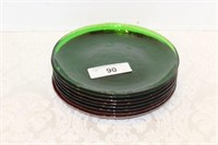 SELECTION OF GREEN & RED GLASS SALAD PLATES