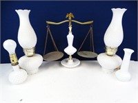 Milk Glass Hobnail lamps and vases