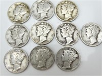 (10) WWII 90% Silver Winged Mercury Dimes