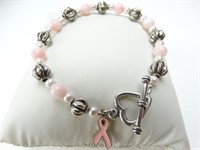 925 Silver Breast Cancer Heart Toggle Bracelet