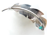 Vintage Taxco Silver Feather Brooch w/ Turquoise