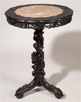 CHINESE CARVED WOOD AND MARBLE TABLE, rosewood or