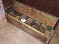 OLD METAL TOOL BOX FULL OF ASST. HORSESHOES