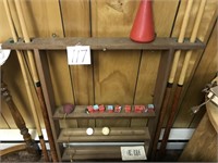 OLD POOL CUE RACK & CONTENTS