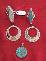 4 Pieces - 2 Sterling & Turquoise Rings / Pendant