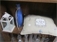 Pillow,Blue Pottery Vase & Votive Candle Lantern