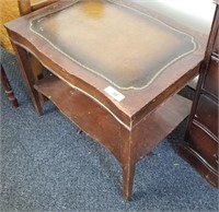 Antique Leather Top Lamp Table w/Lower Shelf