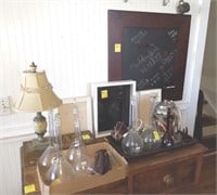 MISCELLANEOUS ON CHEST, BOTTLES, SMALL LAMP