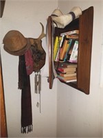 WALL PINE CABINET, WIND CHIMES, BOOKS, MISC