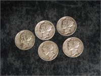 5 Mercury Dimes(1937, 1941, 1943, 1945, 1945)