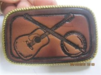 Leather Front Belt Buckle w/Guitar & Banjo