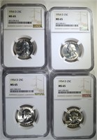 4-1954-D WASHINGTON QUARTERS, NGC MS-65