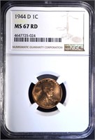 1944-D LINCOLN CENT, NGC MS-67 RED