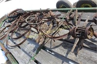 Vintage wagon wheels, axles, steel wheel bands