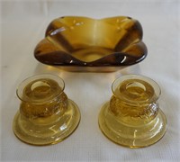 Amber Glass Ash Tray and Candle Holders