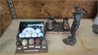 Golf Figurines, Brass Shoe Desk Decor, Golf Balls