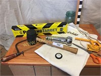 Assorted lot of tools, level, rubber mallet etc