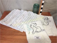 Embroidered & ticking cotton kitchen towels