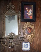 Antique brass decorated three arm wall mirrored