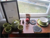 Shelf Lot-Tea Pot Set,Photo Frame,Trivets, etc