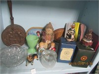 Shelf Lot of Misc Glassware,Boyds Ornaments,Pics,c