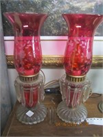 Pr. of Etched Cranberry Shaded Boudoir Lamps