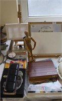 Large collection of artist materials inc easel