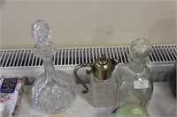 2  Decanters & silver plate lid jug.