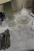 5  Cut Glass wine glasses, jug & cake stands