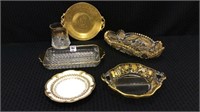 Lot of 6 Pressed Glass Pieces-Mostly Gold Trim