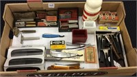 Box w/ Collection of old razors, razor blades,