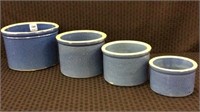 Set of 4 Blue Stoneware Butter Crocks
