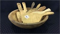 Wood Bowl w/ 8 Old Butter Paddles