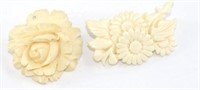 Two vintage carved ivory flower brooches