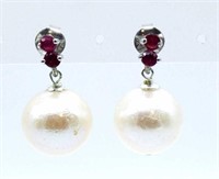 Silver, pearl and ruby earrings