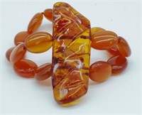 Carnelian bead and amber stretch bracelet