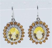 Silver, citrine and golden emerald earrings