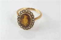 Boxed antique 15ct gold, citrine and pearl ring