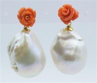 Baroque pearl and pink coral flower earrings