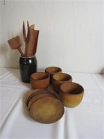 Primitive Lot-Wood Bowls, Crock, Kitchen Utensils