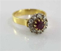 18ct yellow gold, ruby and diamond cluster ring