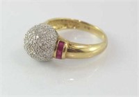 9ct yellow gold,  diamond and ruby ball ring