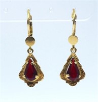 14ct yellow gold and red crystal set drop earrings